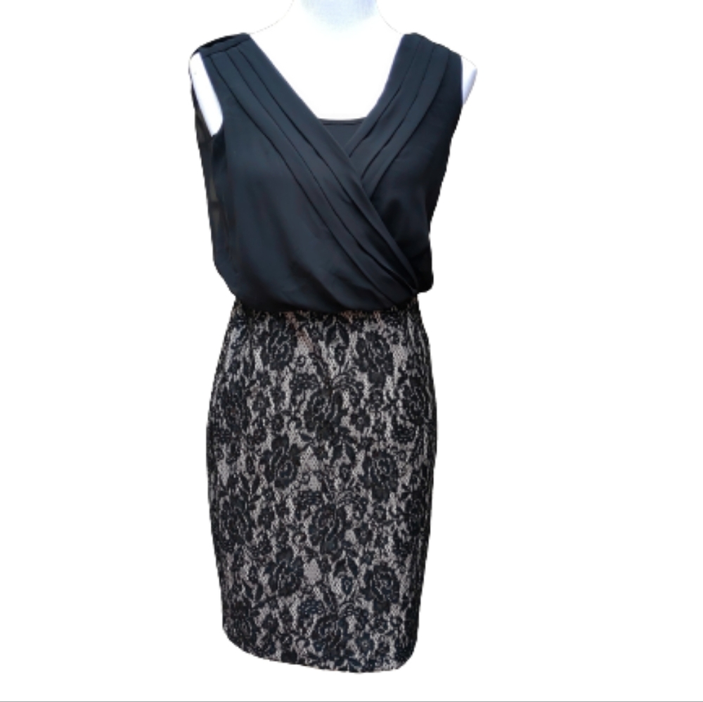 Enfocus Studio 2fer Dress Black Lace Sequins Cream Wrap Neck Pleats Sleeveless